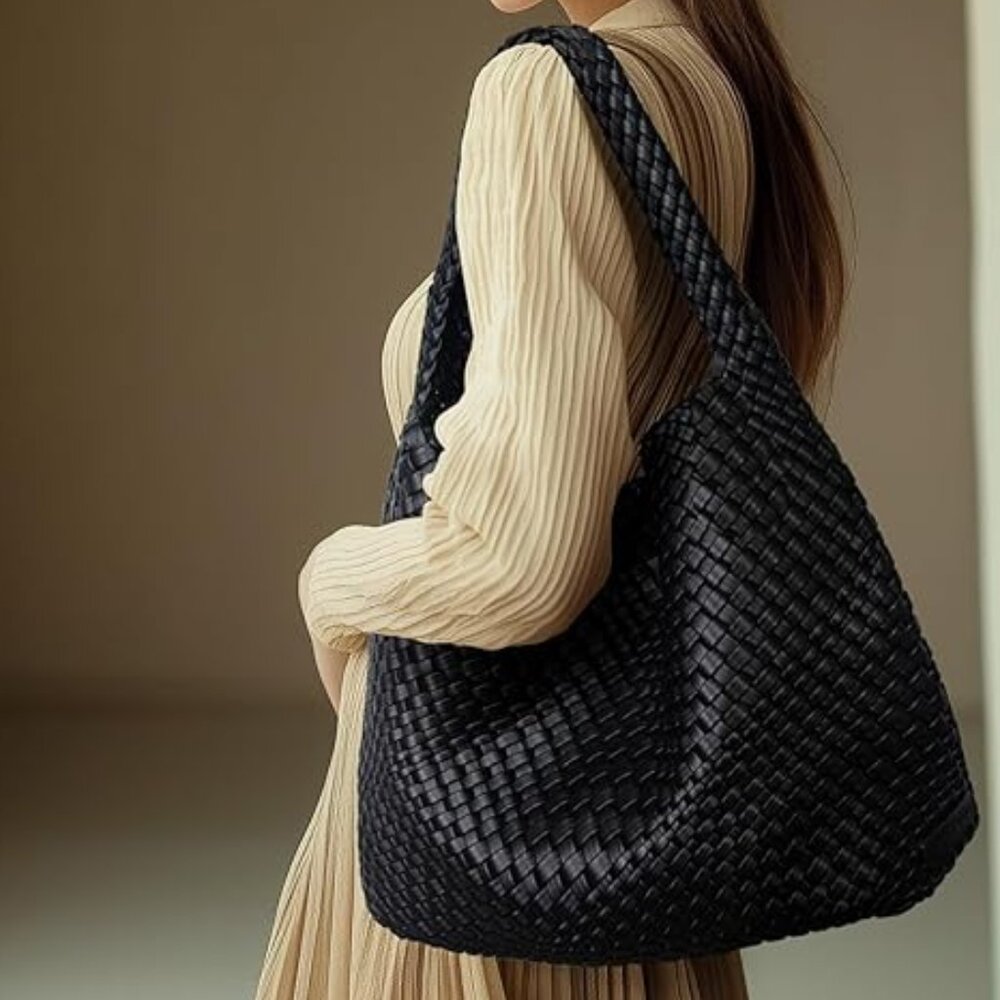 Neiman Marcus Woven Black Beach Leather Braided Tote Bag